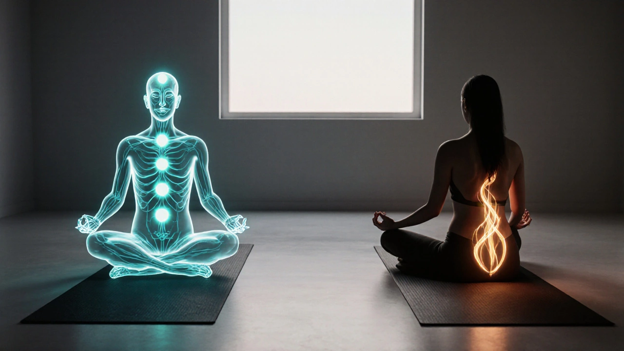 Dva siluety ukazují rozdílné energetické techniky Reiki a tantrické masáže.