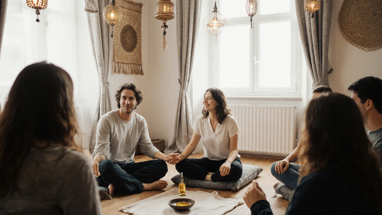 Dvojice na workshope v Praze poslouchá terapeutku, mezi nimi místo oleje a látky.