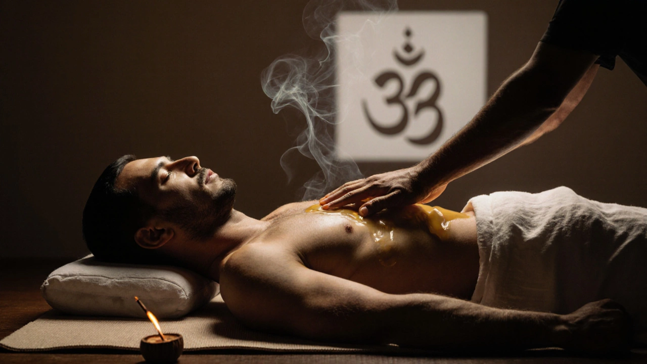 Ruce maséře jemně masírují břicho a stehna muže, teplý olej září v měkkém světle.