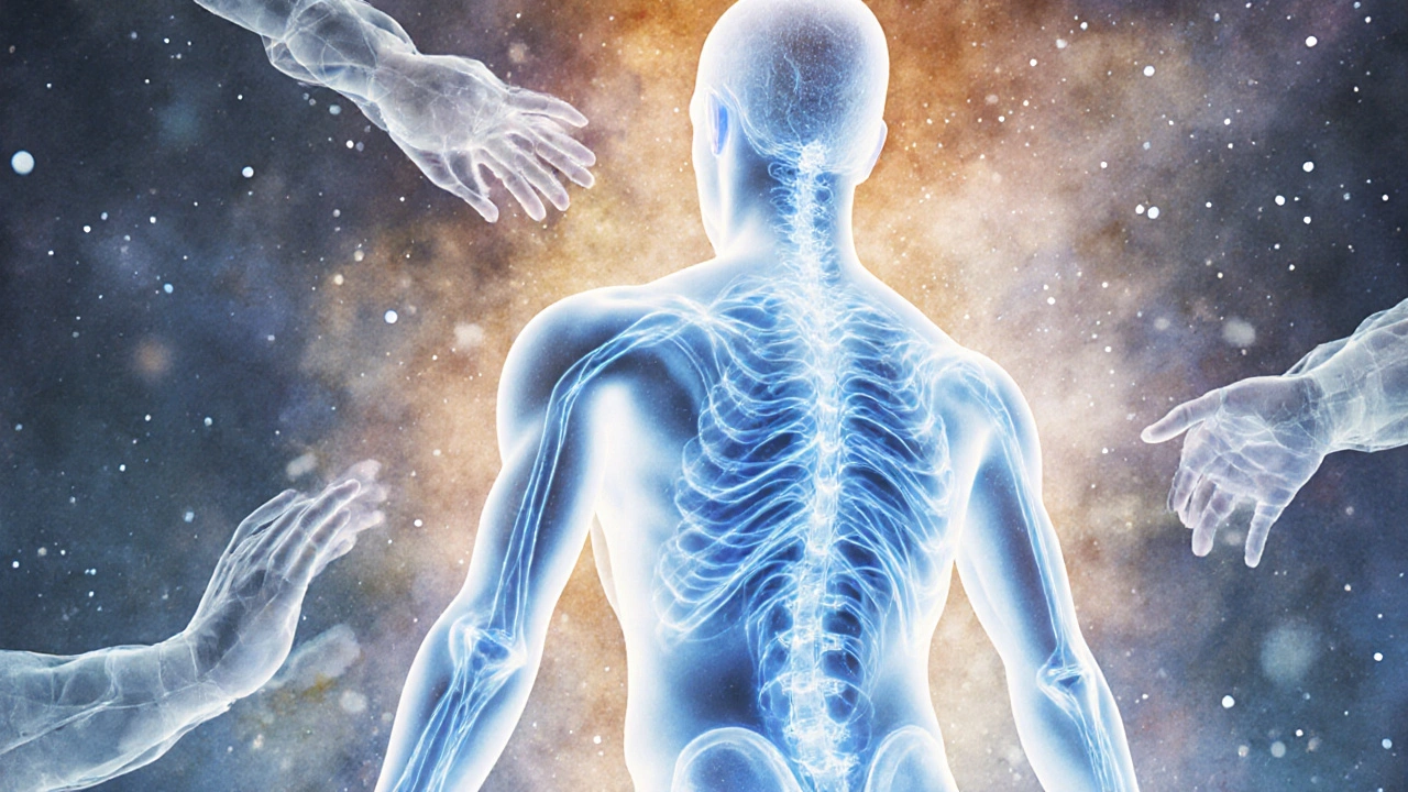 Abstraktní tělo zářící jemným světlem, energie se šíří rovnoměrně, ruce kolem nedotýkají, jen vytvářejí prostor.