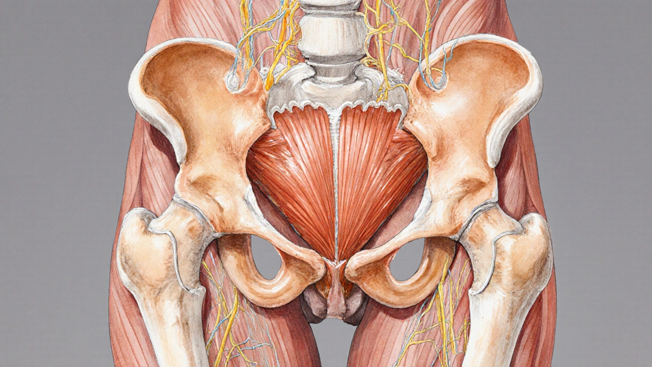 Anatomická ilustrace svalů pánvového dna a nervových struktur kolem penisu.