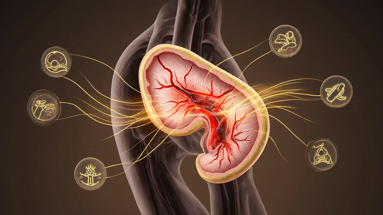 Anatomický náčrt prostaty s vlnami krevního oběhu a příznaky zdraví.