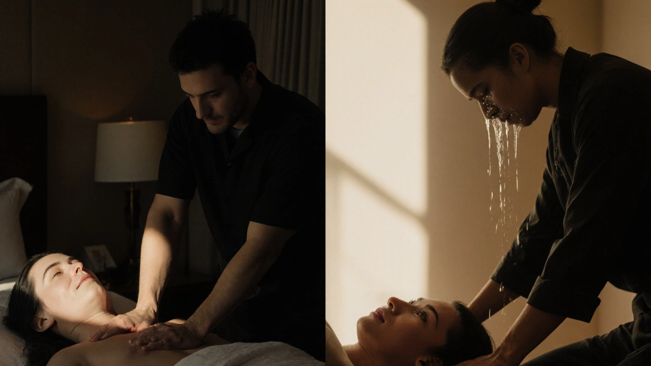 Dvě scény vedle sebe: jedna s intimní masáží v hotelu, druhá s klidným, nekontaktním momentem v klidné místnosti.