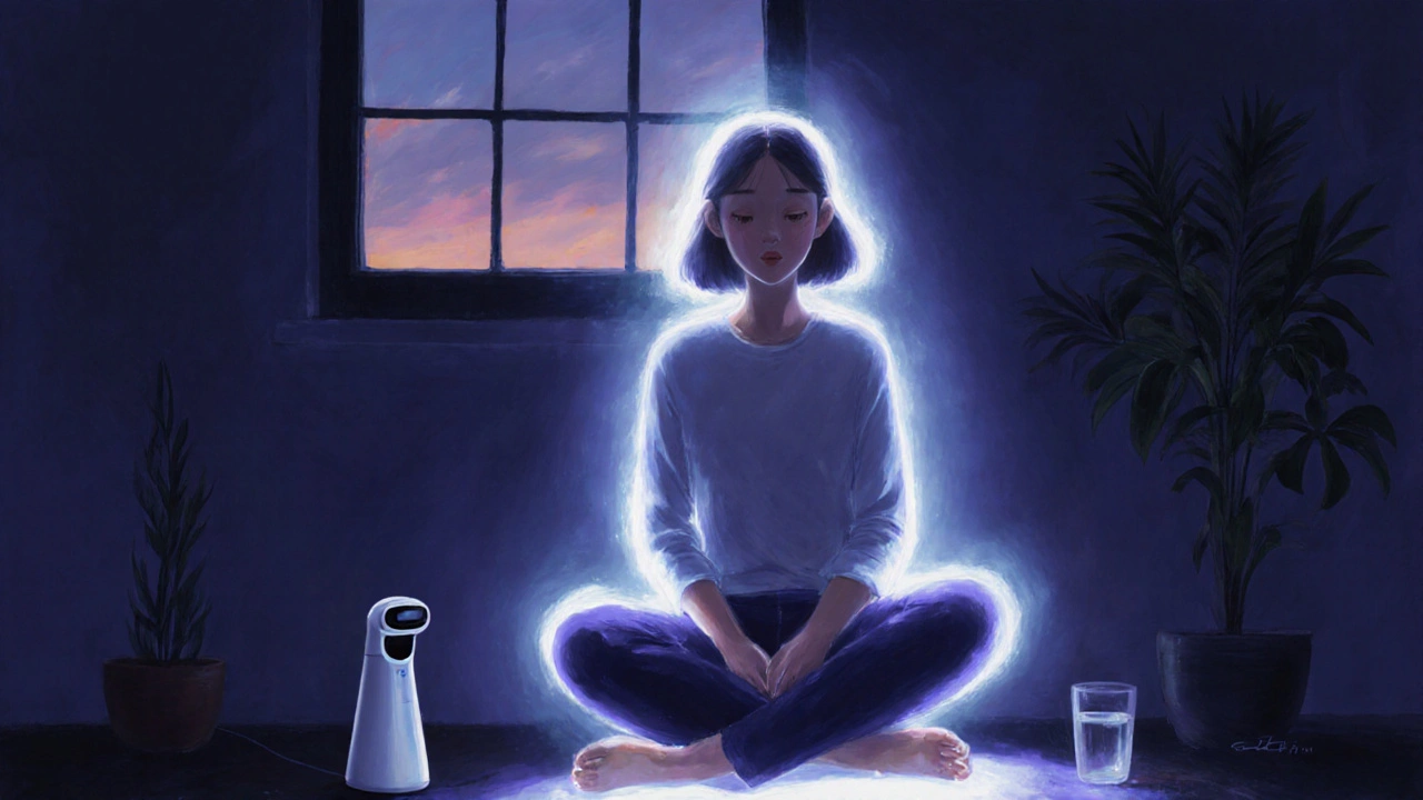 Klient po masáži sedí s očima zavřenými, pláče tiše, kolem něj je jemné světlo.