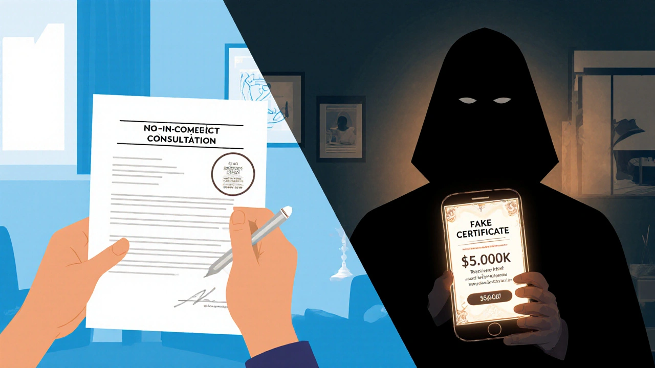 Kontrast mezi bezpečnou konzultací v legitimním prostoru a podezřelou nabídkou v soukromém bytě.