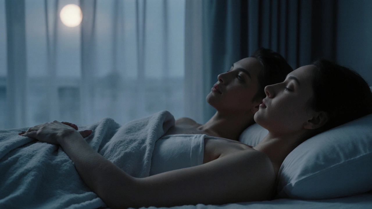 Pár leží vedle sebe v tichu pod plátnem, jedna ruka klidně leží na předloktí druhého.