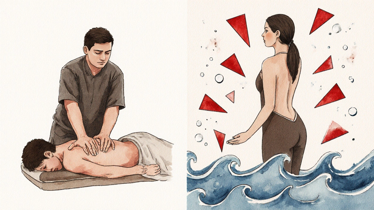 Porovnání tradiční a tantrické masáže: napjaté ruce a záda versus plynulý pohyb tělem s uvolněnými končetinami.