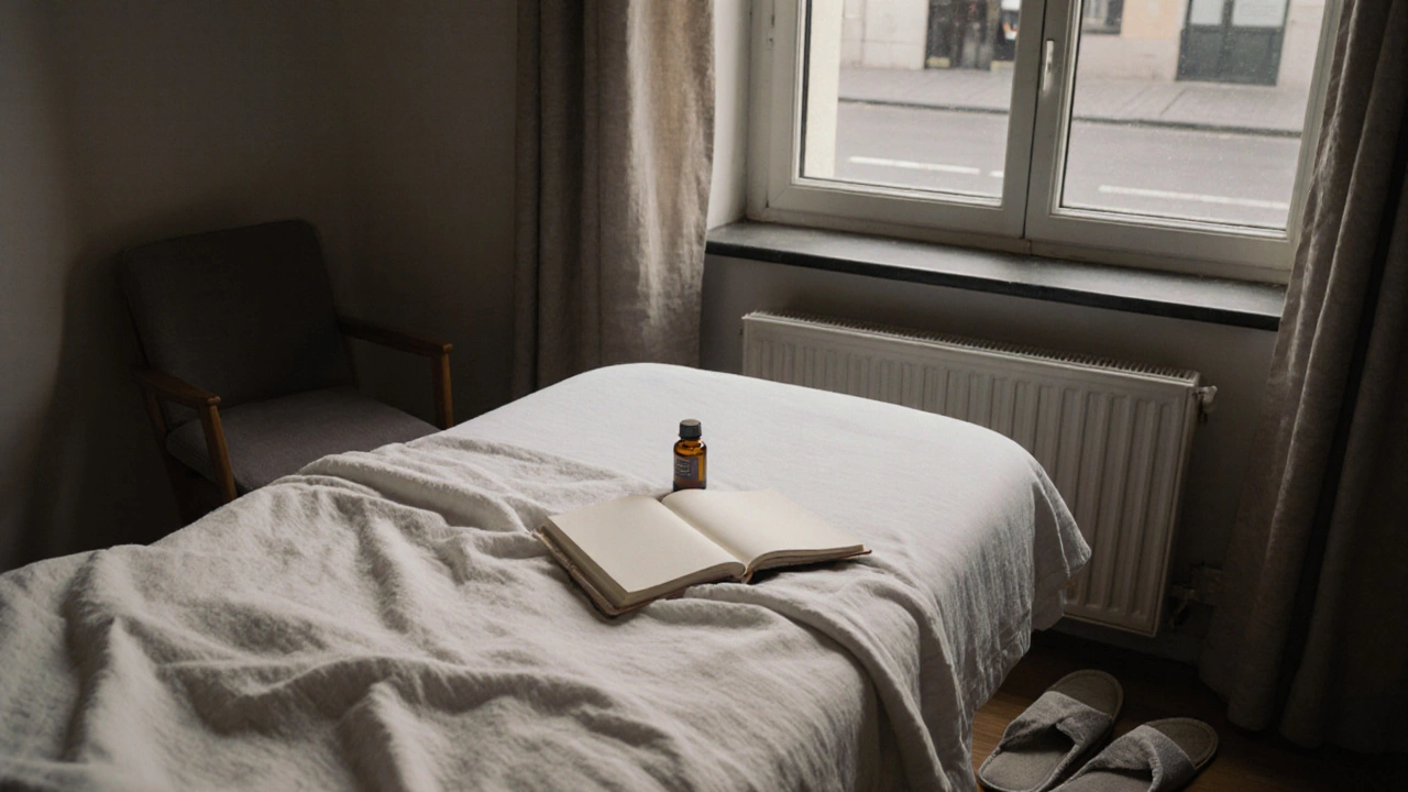 Prázdná masážní místnost na ranním světle, jen postel a otevřený deník, stopy po klidné zkušenosti.