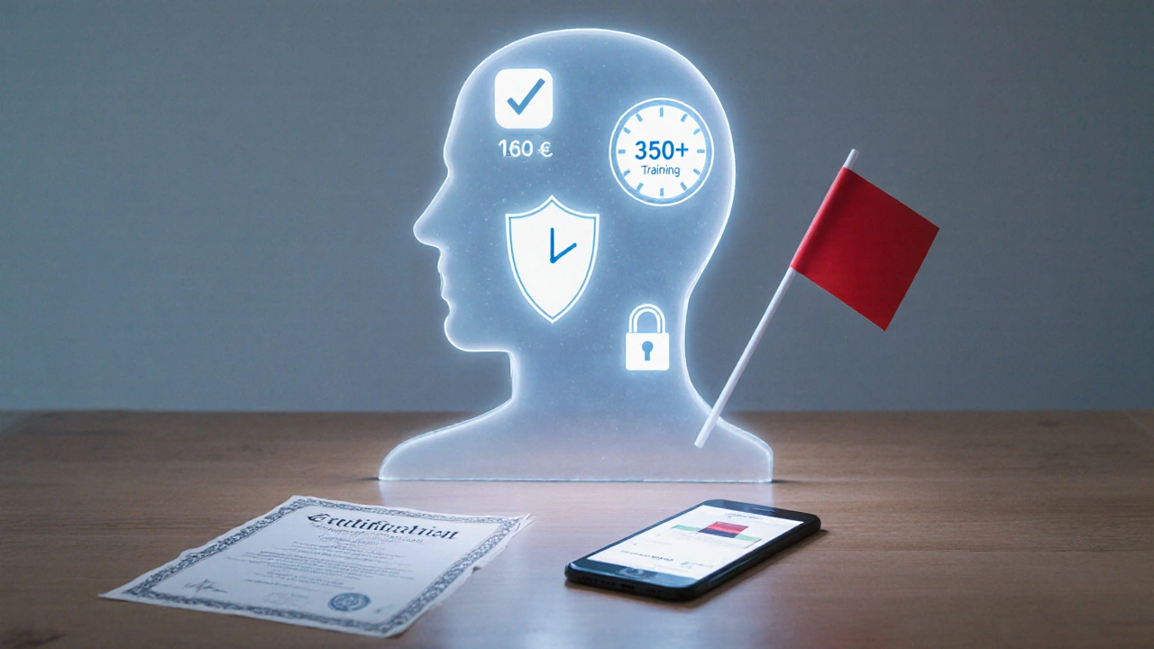 Průhledný lidský obraz s prvky bezpečnosti: certifikát, pojištění, hodiny výuky a hranice souhlasu.