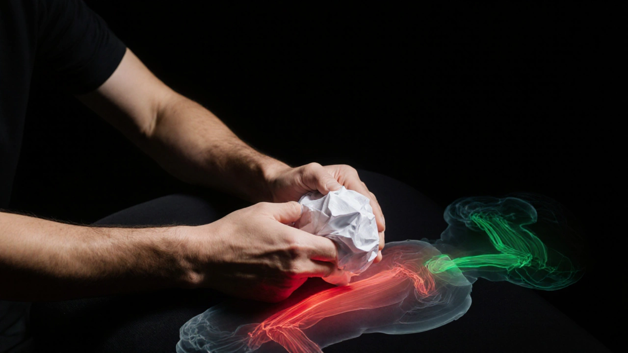 Ruce maséra tisknou papírovou kouli a záda odpočívají na podpoře, s přehledem svalové aktivity.