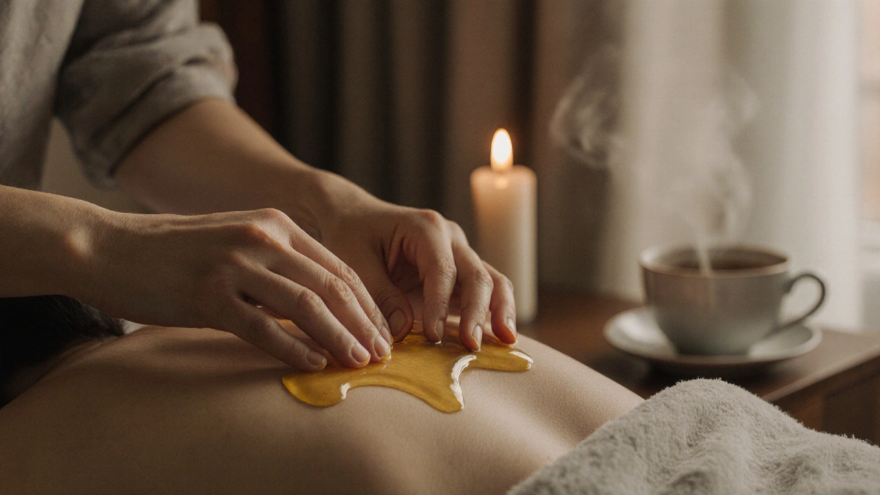 Ruce pomalu aplikují olej na záda, svíčka vytváří teplé světlo a jemné stíny.