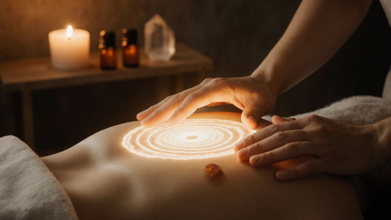 Ruka terapeuty se pohybuje nad hrudníkem klienta, kde se vytváří jemné zlaté světlo.