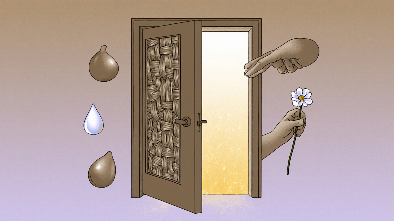 Symbolický obraz otevírajících se dveří z svalových vláken, označujících uvolnění traumatu.