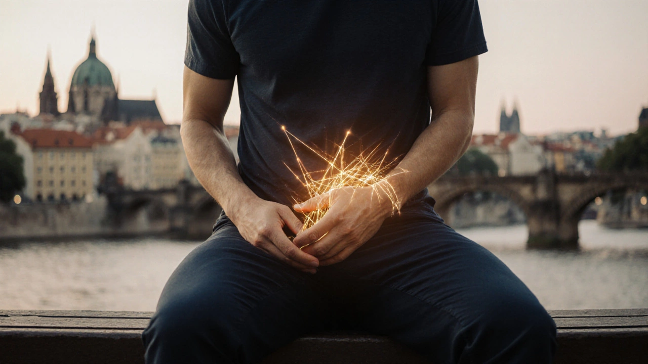 Symbolický obraz zlatých vláken reprezentujících zlepšený krevní oběh v pánvi.