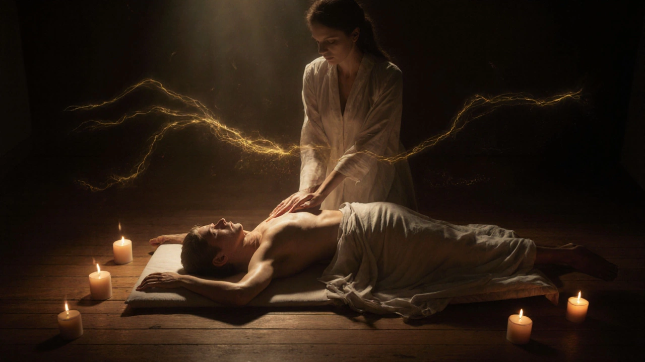 Tantrická masáž v klidném prostředí s svíčkami, důraz na energetickou přítomnost.