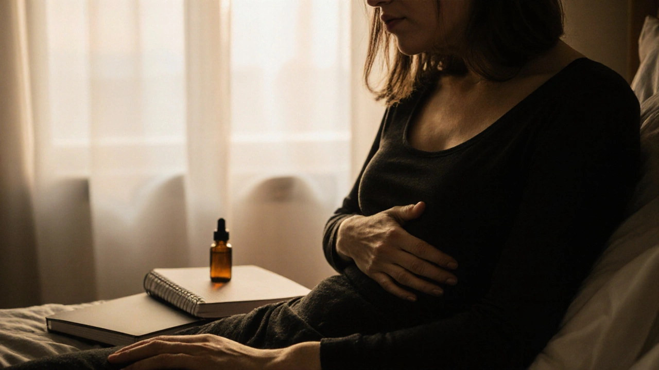 Žena se dotýká vlastního břicha v tichém pokoji, důvěrně a bez cíle, jen pro sebepoznání.