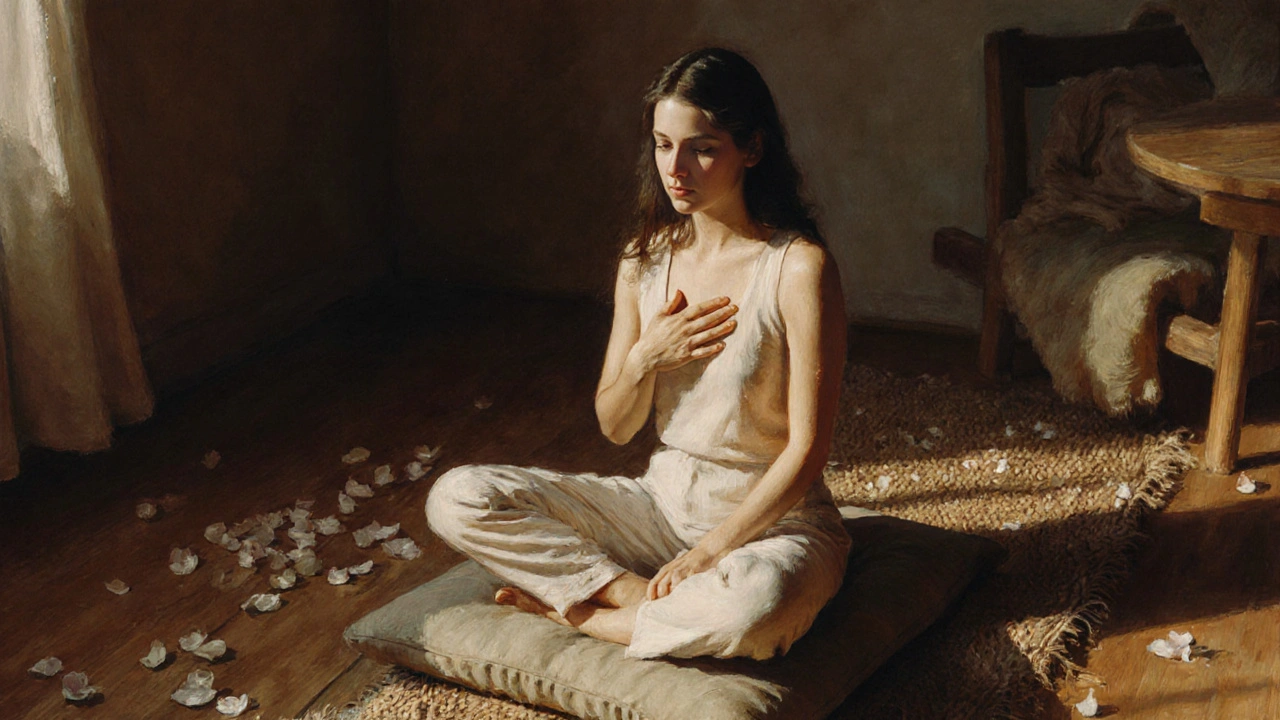 Žena sedí na podlaze a jemně se dotýká svého těla v klidném prostředí.