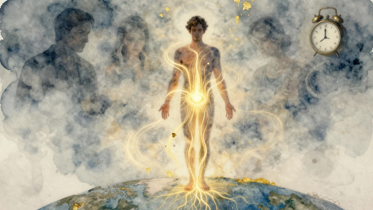 Abstraktní obrázek muže s zlatými energetickými linkami vycházejícími z pánevního dna, symbolizujícími vědomí a obnovu.