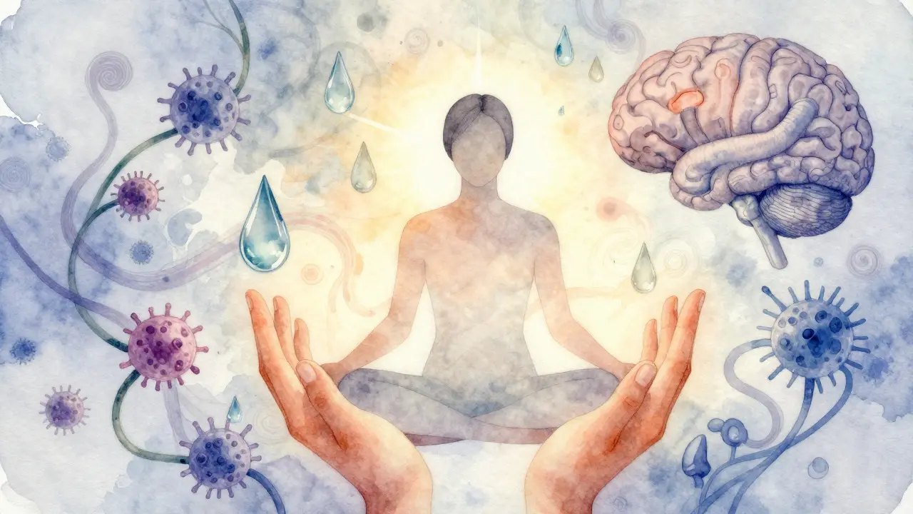 Abstraktní scéna s symboly imunity a klidu, vytvořená jemnými vodovými barvami.