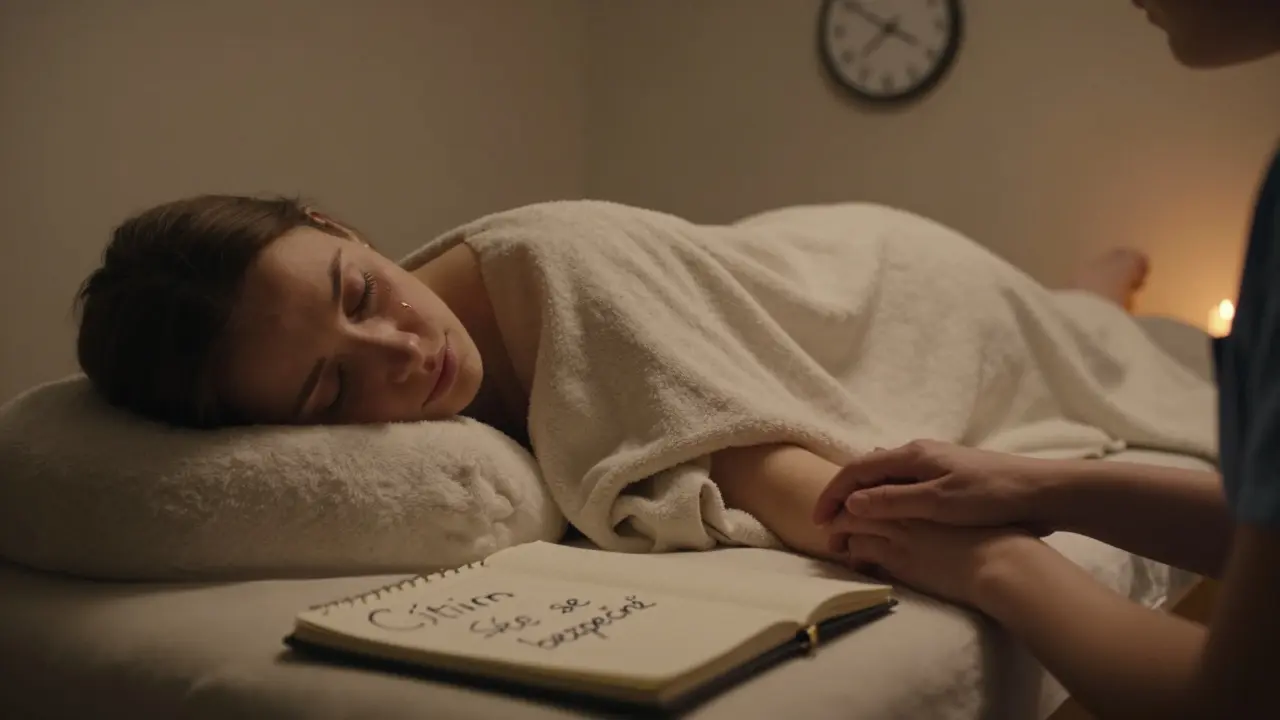 Klient leží na masážním stole s jednou slzou, terapeut drží jen jeho nohu v klidu.