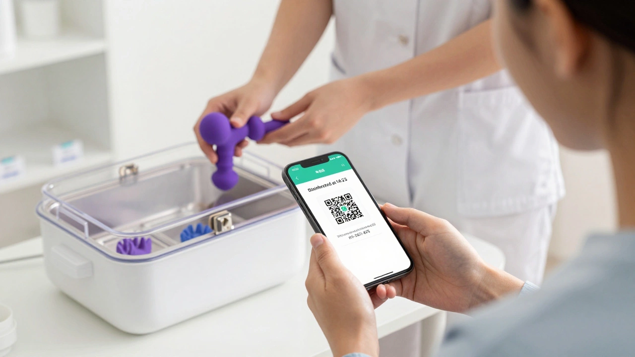 Klient skenuje QR kód na pomůcce, který zobrazuje historii dezinfekce na chytrém telefonu.