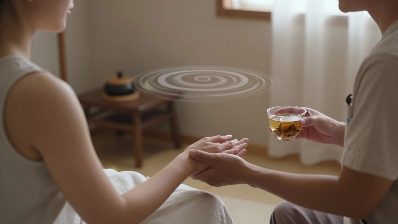 Masér a klientka si hovoří v klidné místnosti, drží si čaj a vyjadřují důvěru.