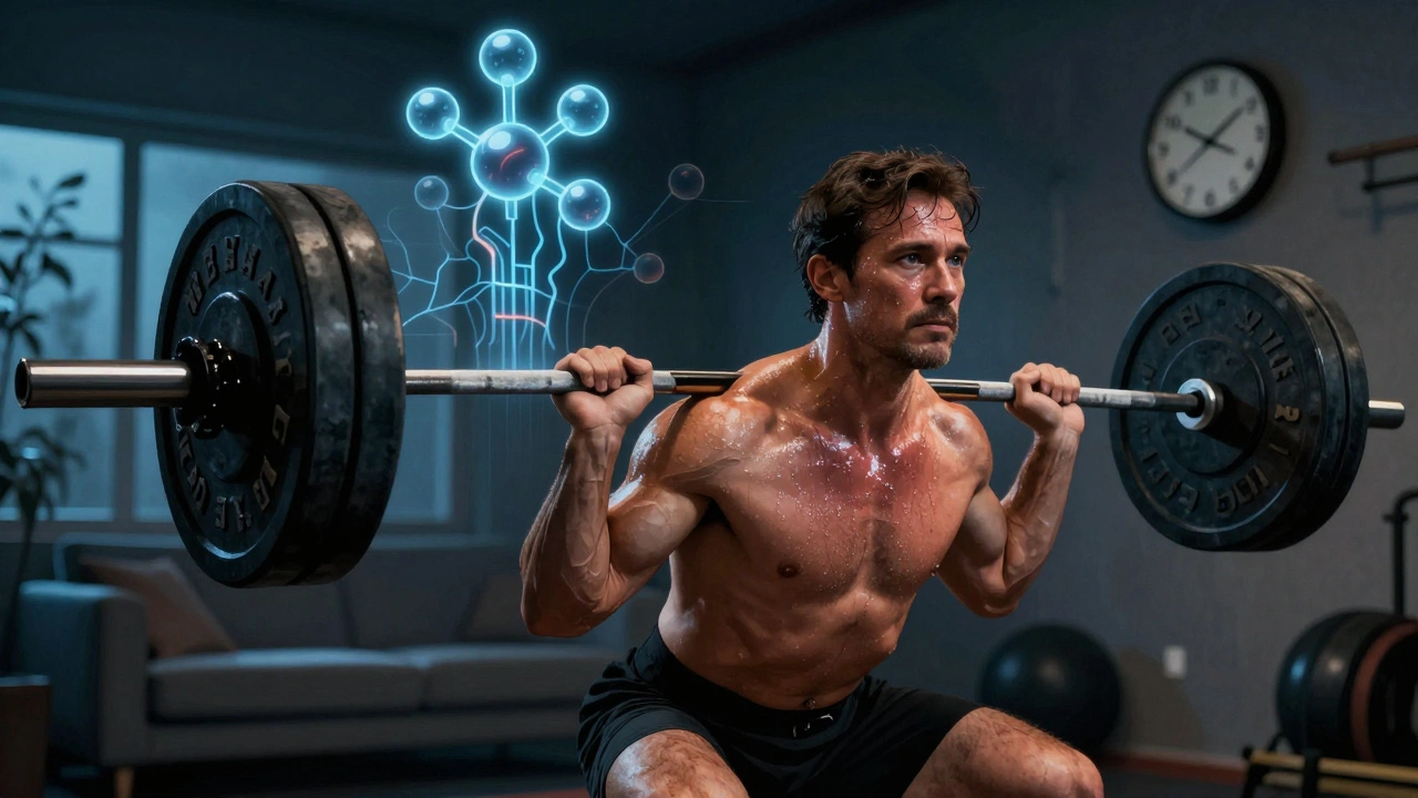 Muž dělá deadlift v domácím gymu, symbolizující přirozené zvýšení testosteronu.