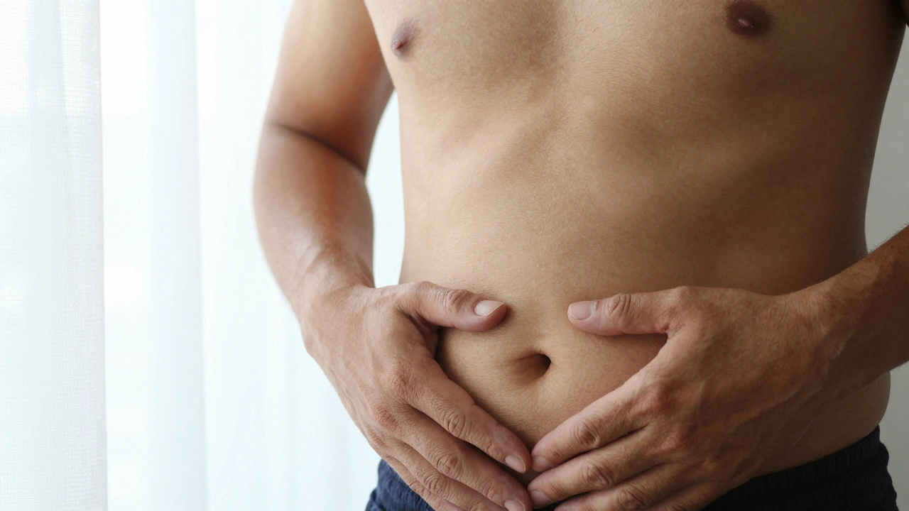 Muž klade ruce na břicho a pánevní dno, klidně cítí své tělo v klidném světle.