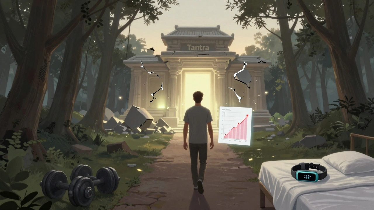 Muž opouští symbolický chrám tantry směrem ke zdravému životnímu stylu.