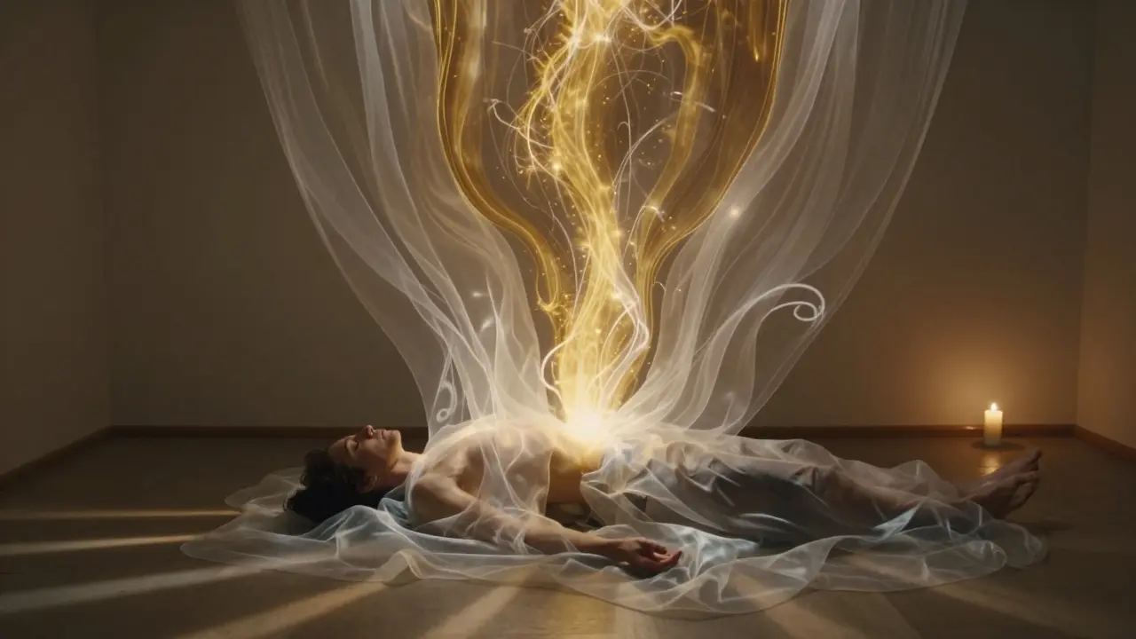 Postava s odstraňujícími se vrstvami strachu a očekávání, z nichž vyrůstá zlatá energie k srdci.