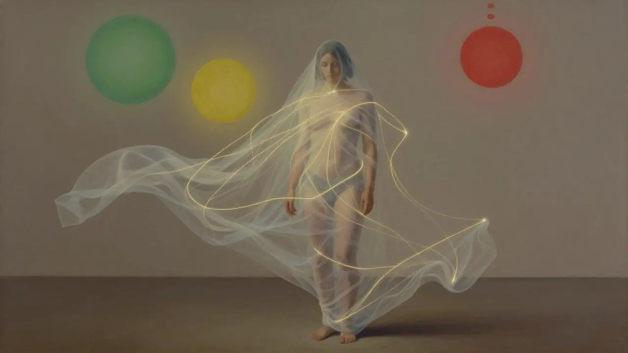 Postava v průhledném plátně, spojená zlatými vlákny — symbol přítomnosti a bezpečí.