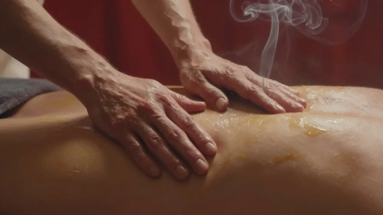 Ruce pomalu dotýkající se zády během tantrické masáže s olejem na kůži.