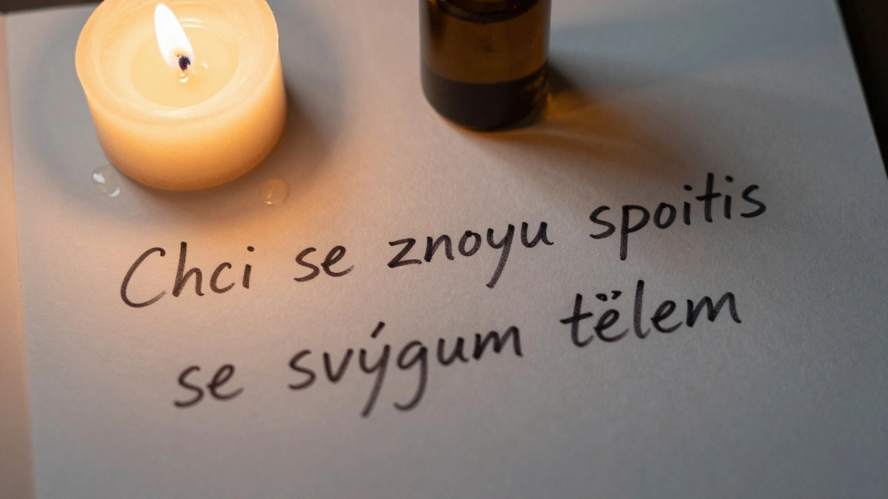 Ručně psaná poznámka s textem o spojení s tělem vedle svíčky a kapky oleje.