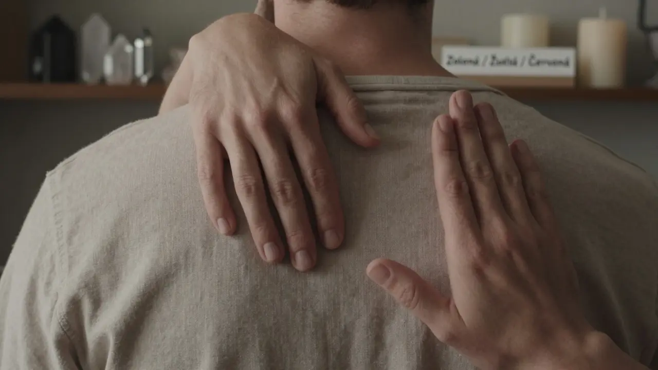 Ruka terapeuty se dotýká záda klienta jen lehce, bez tlaku, v bezpečném prostředí.