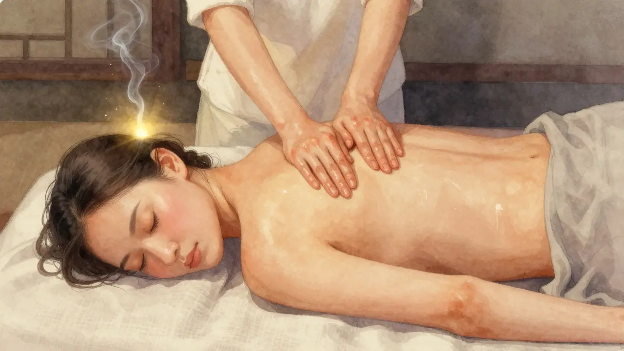 Tantrická masáž: ruce maséru hladí záda klienta, jemné osvětlení a látky vytvářejí pocit klidu.