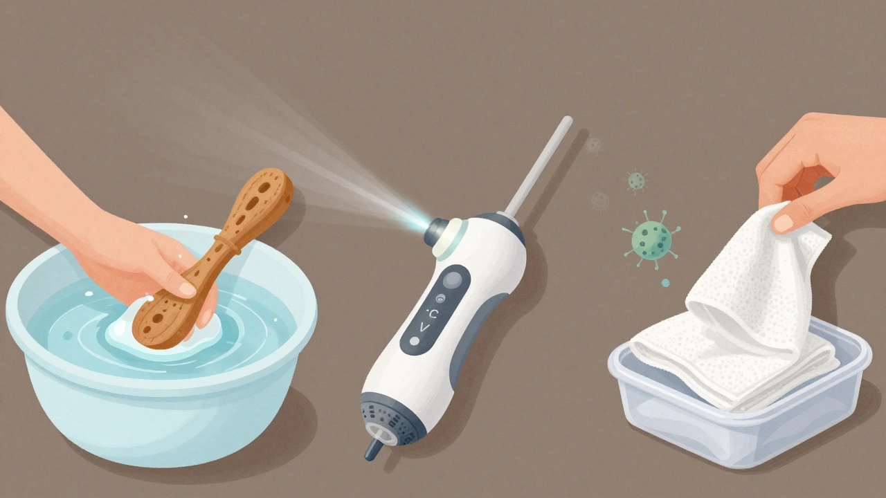 Třístupňový proces hygieny pomůcek: mytí, UV dezinfekce a sušení v uzavřeném kontejneru.