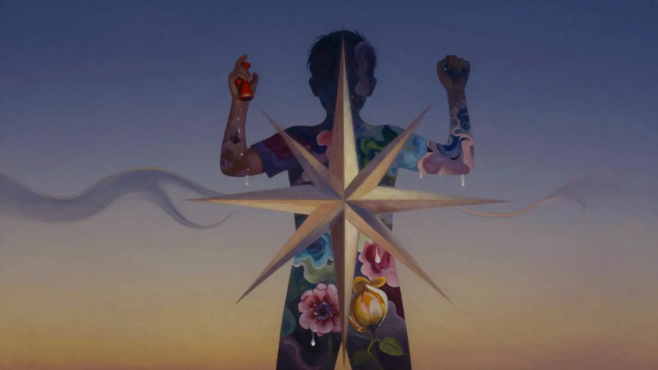 Abstraktní silueta těla plná vzpomínek, které se mění v barvy, jako kompas směřující do nitra sebe.