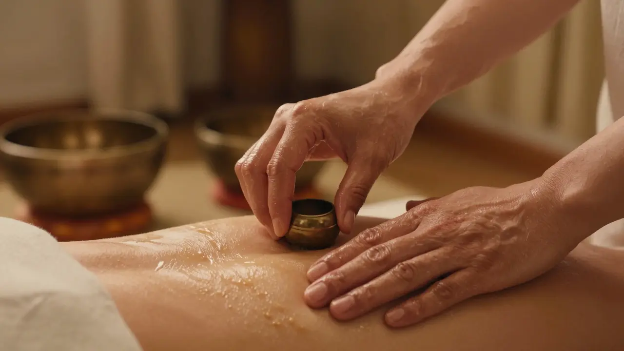 Detail rukou provádějících techniku Ring během lingam masáže s olejem a teplým osvětlením.