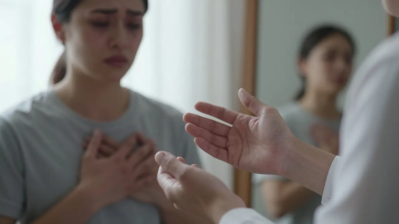 Dvě ruce — jedna nad srdcem, druhá v čekání — v tichém okamžiku emocionálního spojení.