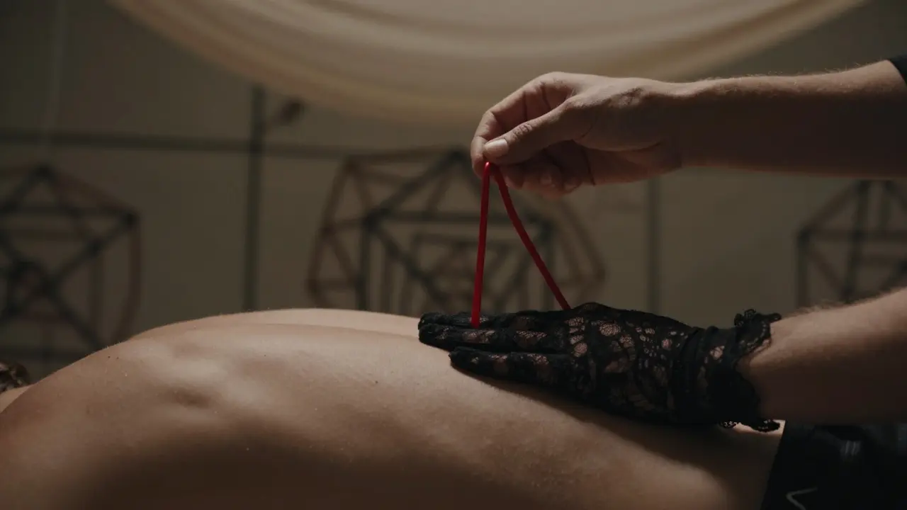 Ruce provádějící jemný dotyk na zádech s červenou hedvábnou šňůrkou, symbolizující bezpečnostní kód v kontextu kontrolovaného dotyku.