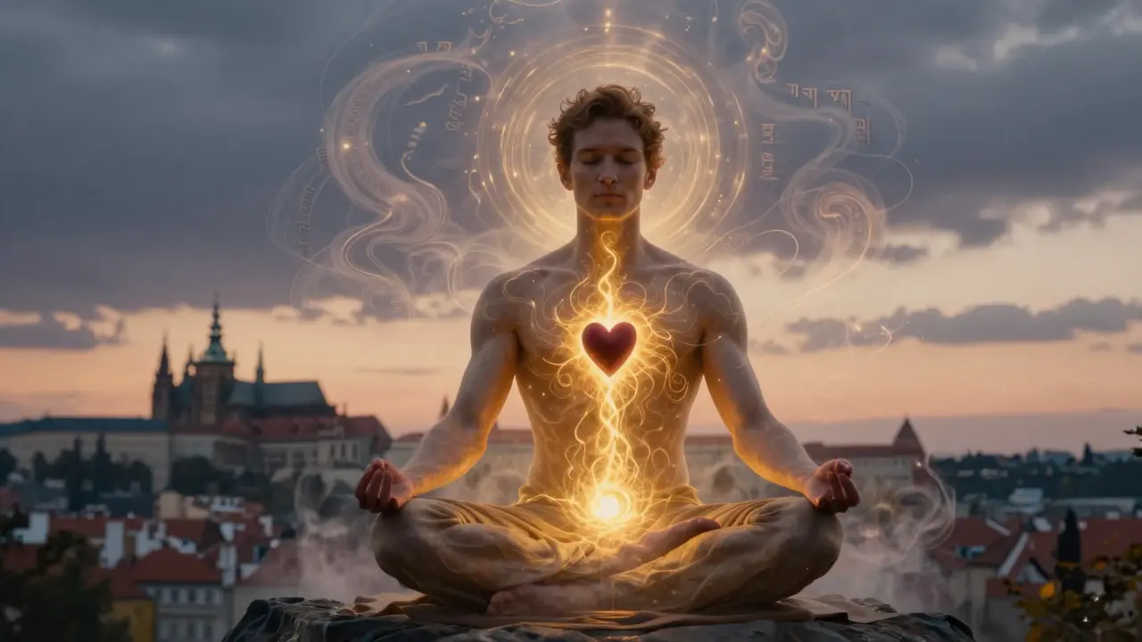 Symbolický obraz muže s zlatou energií proudící z genitálií k srdci a mysli v meditativním prostředí.