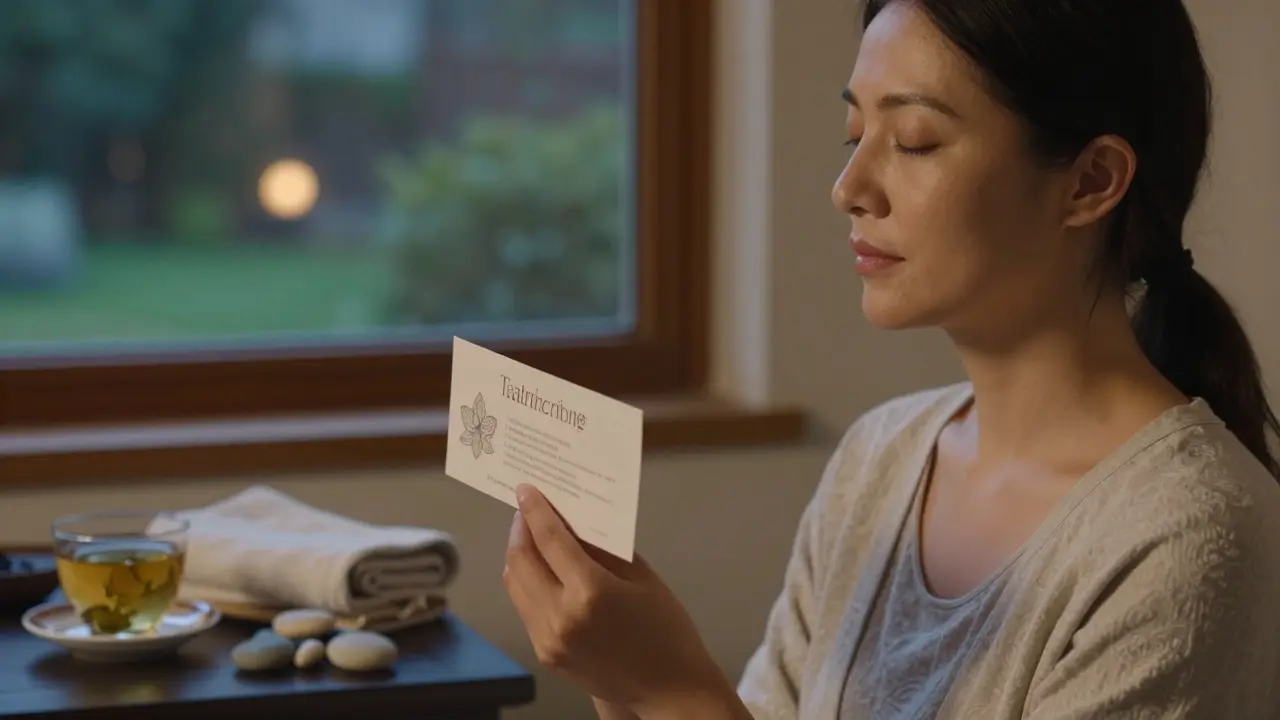 Žena v klidu s poukazem, teplým světlem a přírodními prvky kolem sebe.