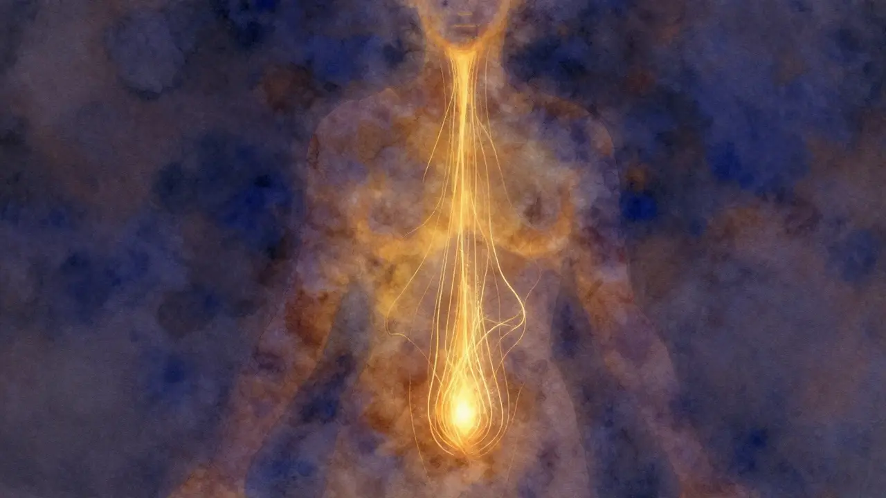 Abstraktní silueta s goldenými proudy energie proudícími tělem.