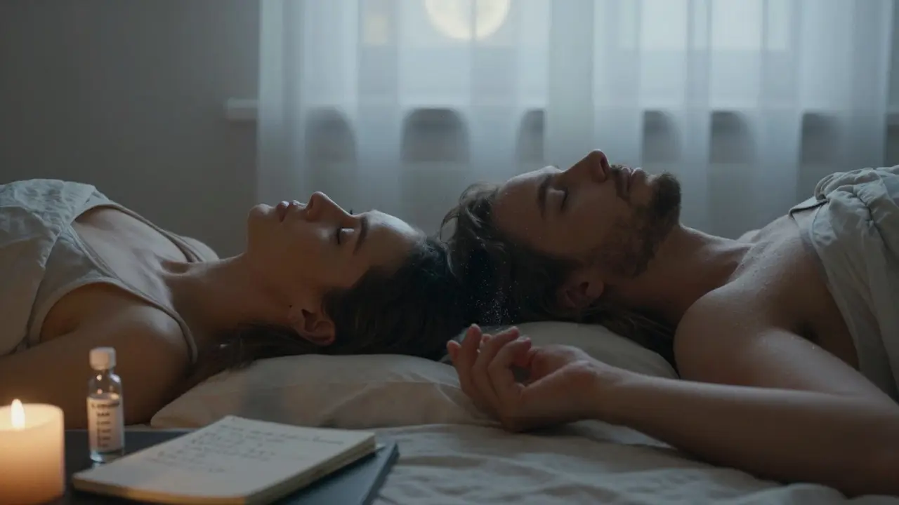 Dvojice leží vedle sebe v tichém pokoji, oči zavřené, dýchají současně při měsíčním světle.