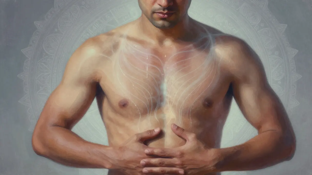 Muž s očima zavřenými, pláčící, s jemnými energetickými čárami vyzařujícími z jeho těla.