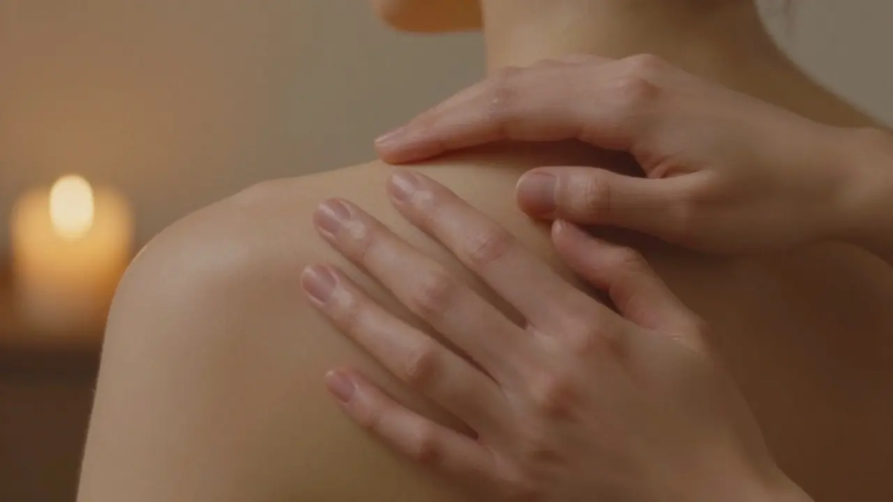 Ruce jemně hladící rameno a záda v teplém světle, bez obličeje.