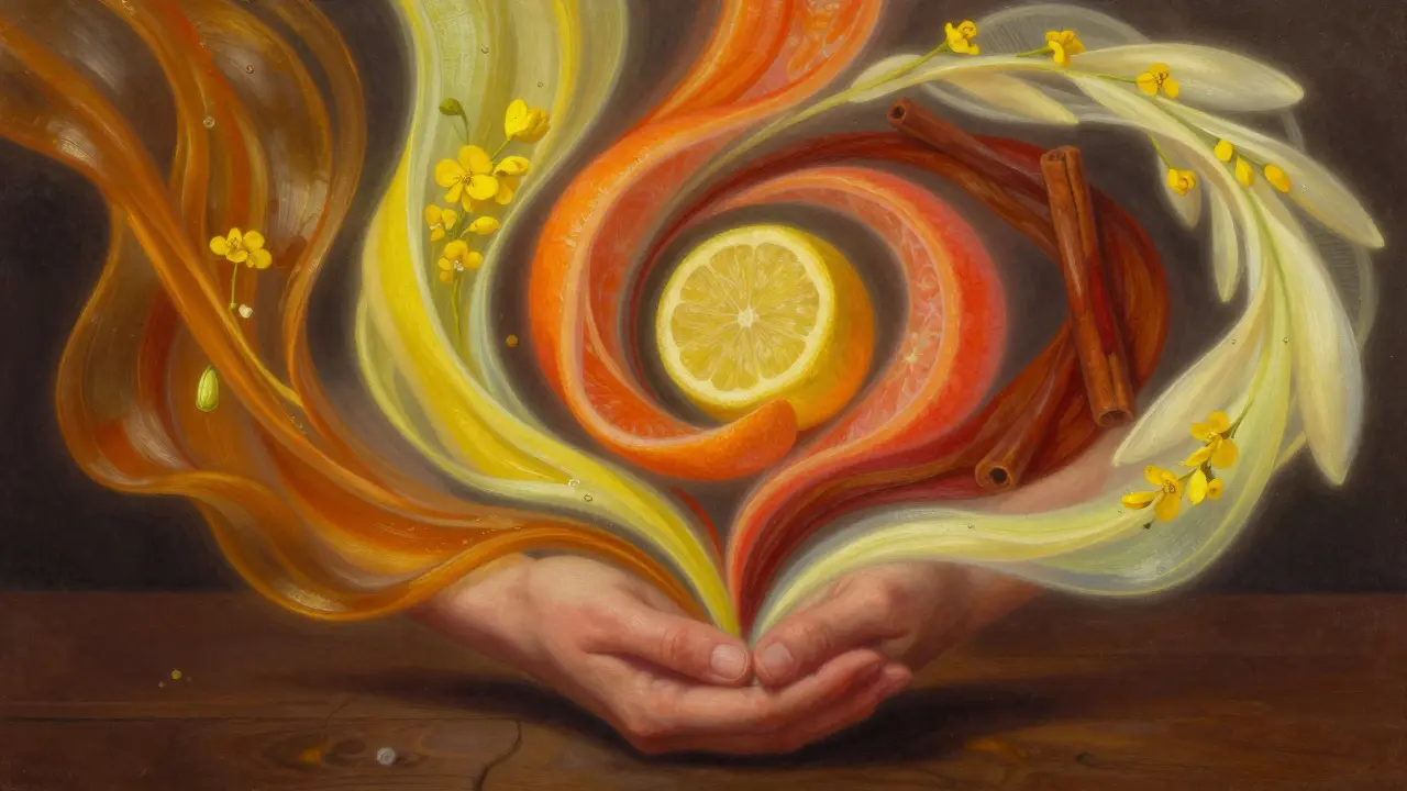 Šest barvivých pásů představujících esenciální oleje, které se spojují do jednoho celku nad rukama.