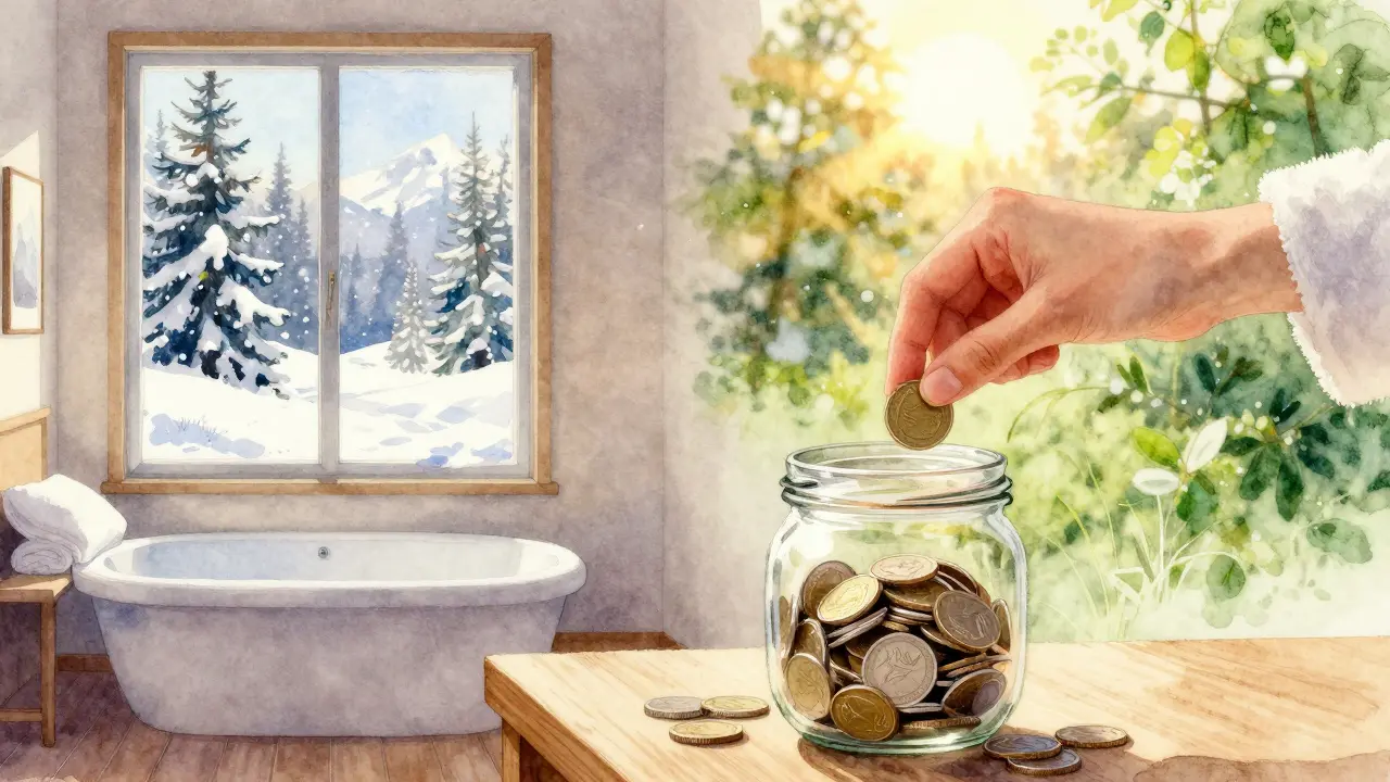 Výhled na zimu a léto z okna, osoba ukládá peníze do pokladničky.
