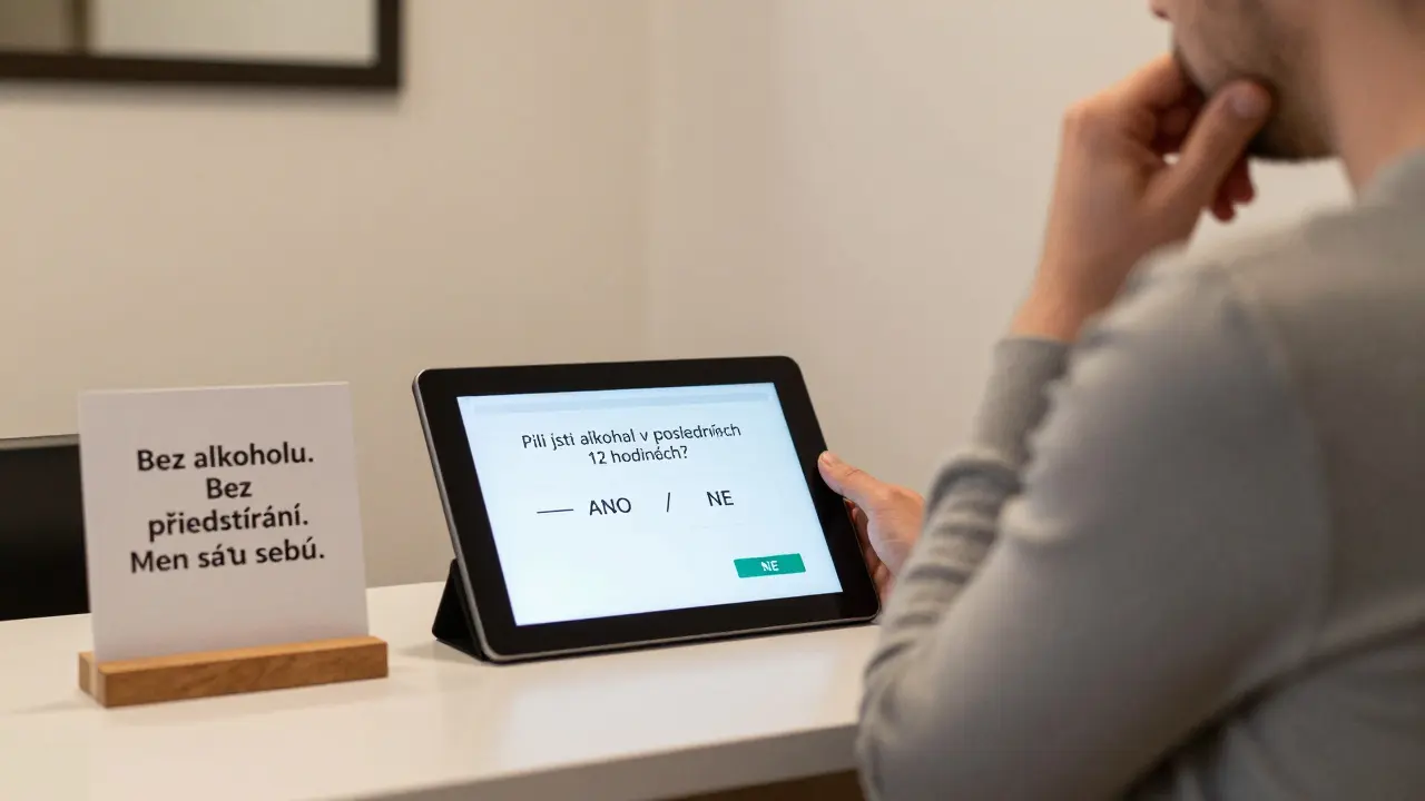 Digitální dotazník na příjmu v tantrickém studiu v Liberci, klient před ním přemýšlí, zda odpovědět ano nebo ne.