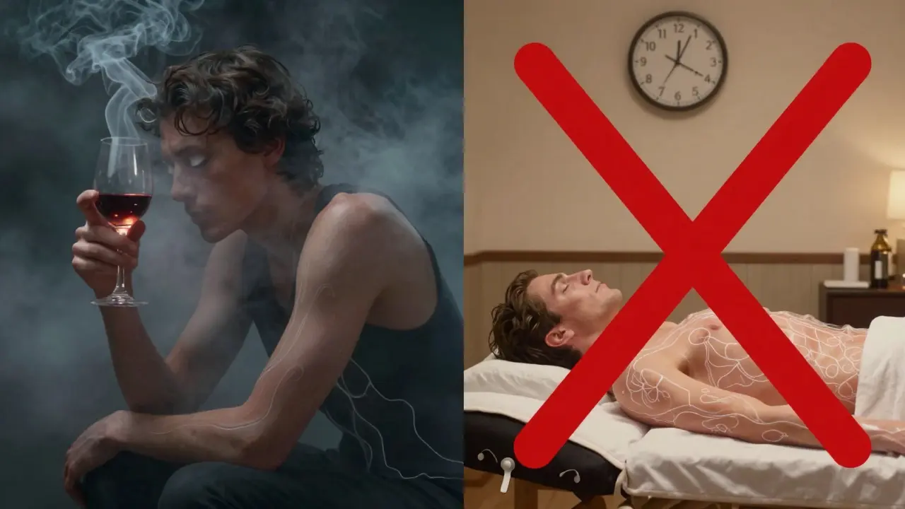 Konečný kontrast: opilý člověk vlevo, vpravo symbolický znak zakazující masáž kvůli alkoholu v těle.